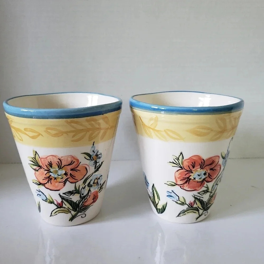 Pier One Imports  set of 2 Large Ceramic Floral Multi-colored Coffee Mugs.